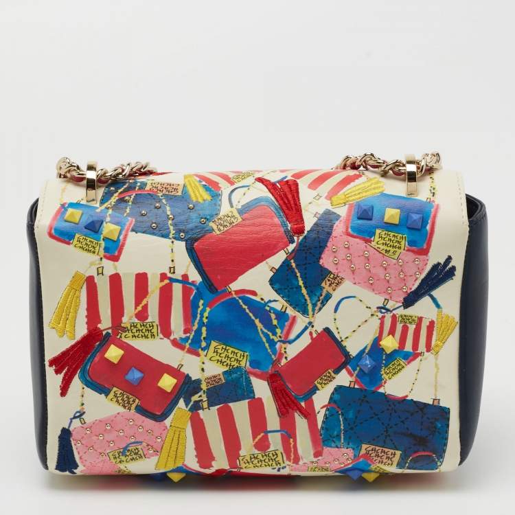 Pre Owned CH Carolina Herrera Multicolor Print Embroidered Leather Flap Shoulder Bag