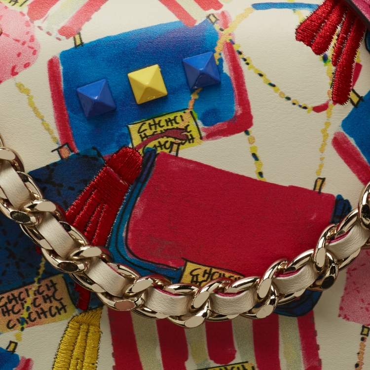 Pre Owned CH Carolina Herrera Multicolor Print Embroidered Leather Flap Shoulder Bag