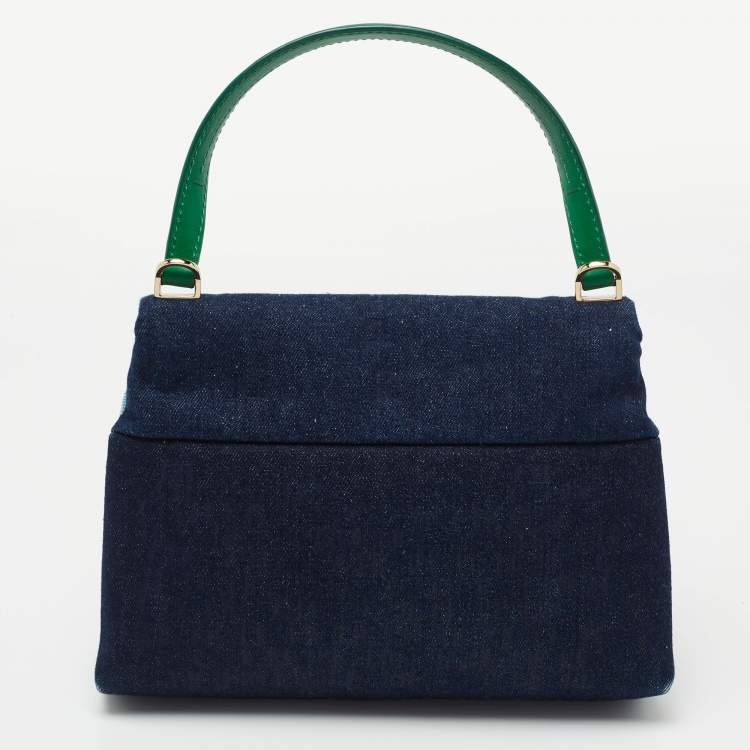 Pre Owned CH Carolina Herrera Multicolor Monogram Coated Denim and Leather Flap Top Handle Bag
