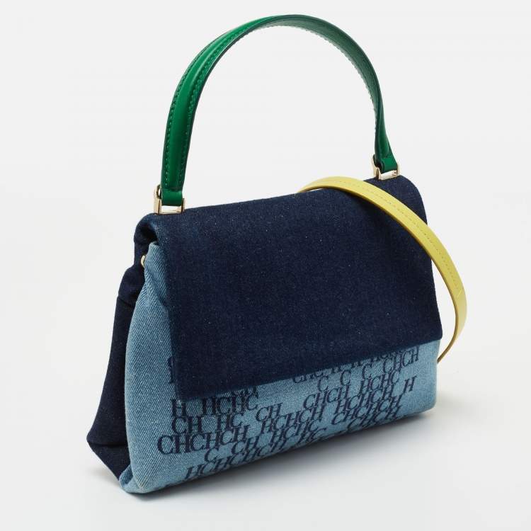Pre Owned CH Carolina Herrera Multicolor Monogram Coated Denim and Leather Flap Top Handle Bag