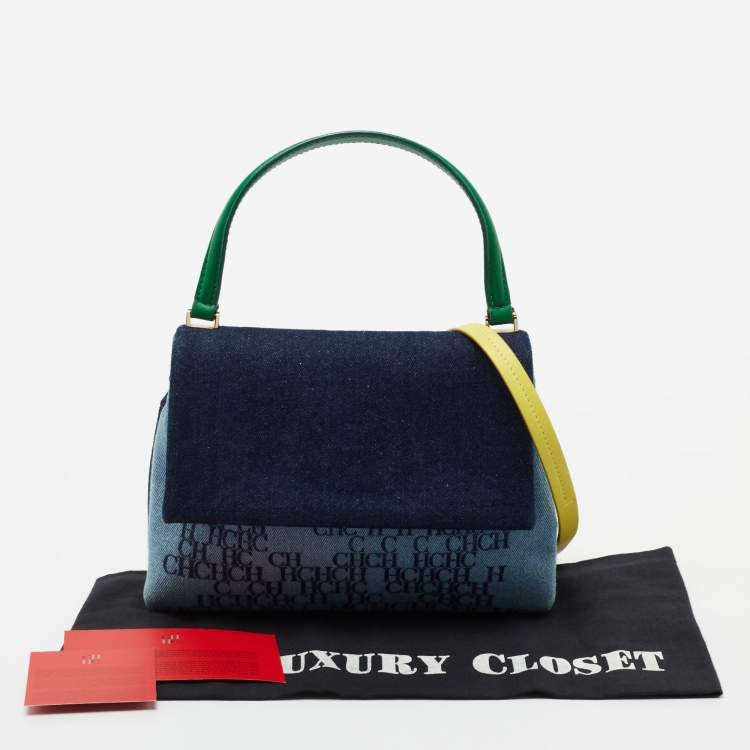 Pre Owned CH Carolina Herrera Multicolor Monogram Coated Denim and Leather Flap Top Handle Bag