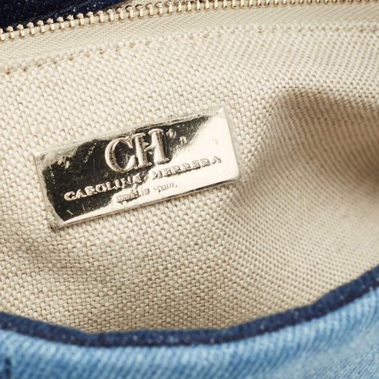 Pre Owned CH Carolina Herrera Multicolor Monogram Coated Denim and Leather Flap Top Handle Bag