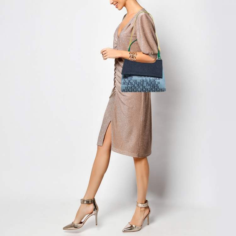 Pre Owned CH Carolina Herrera Multicolor Monogram Coated Denim and Leather Flap Top Handle Bag