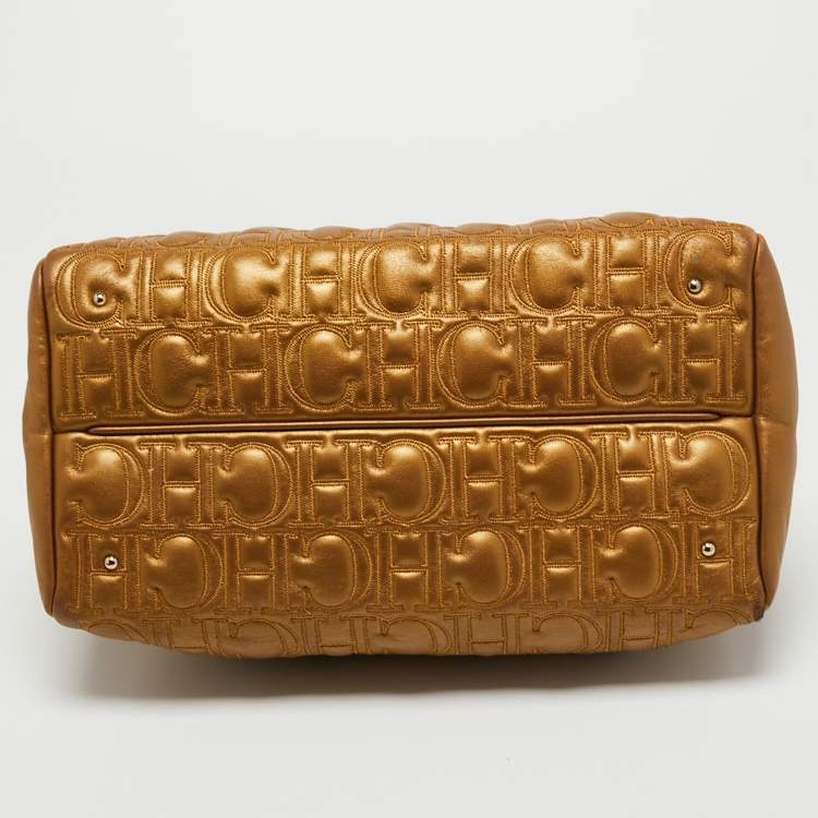 مملوكة مسبقًا CH Carolina Herrera Gold Logo Embossed Leather Top Zip Chain Tote