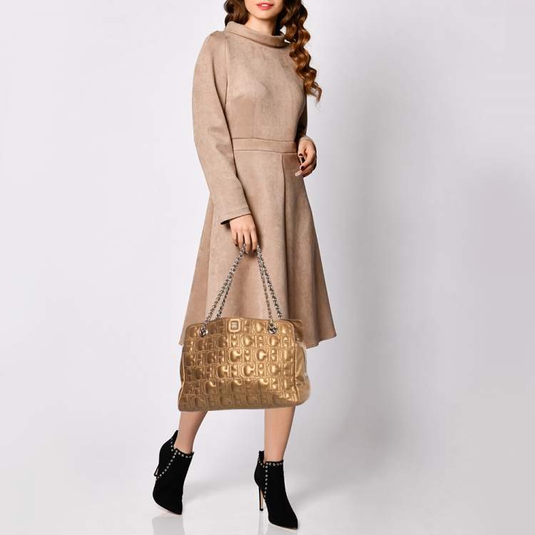 مملوكة مسبقًا CH Carolina Herrera Gold Logo Embossed Leather Top Zip Chain Tote