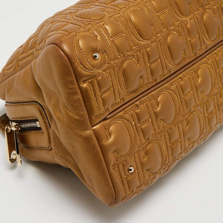 مملوكة مسبقًا CH Carolina Herrera Gold Logo Embossed Leather Top Zip Chain Tote