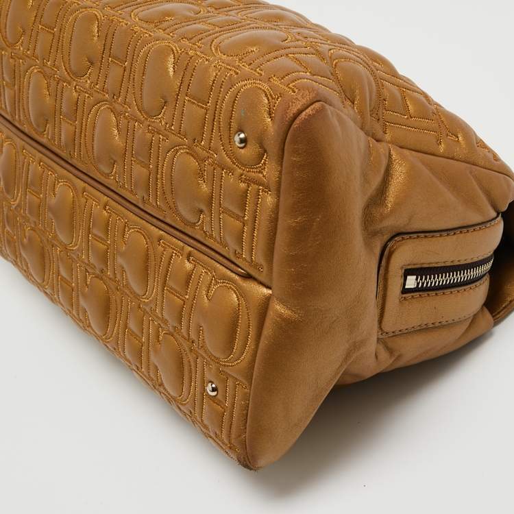 مملوكة مسبقًا CH Carolina Herrera Gold Logo Embossed Leather Top Zip Chain Tote