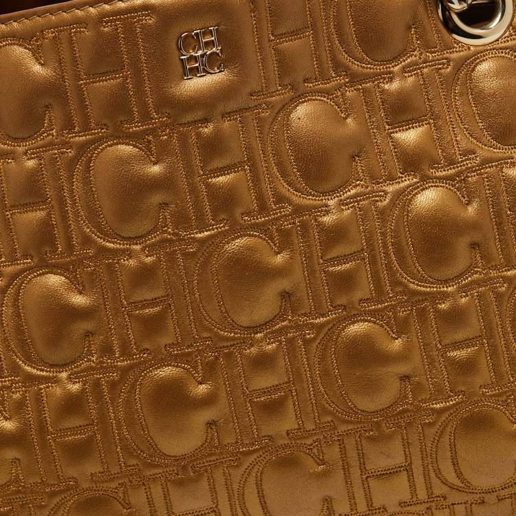 مملوكة مسبقًا CH Carolina Herrera Gold Logo Embossed Leather Top Zip Chain Tote
