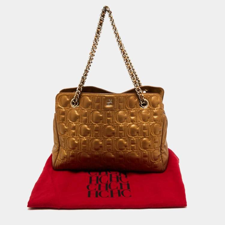 مملوكة مسبقًا CH Carolina Herrera Gold Logo Embossed Leather Top Zip Chain Tote
