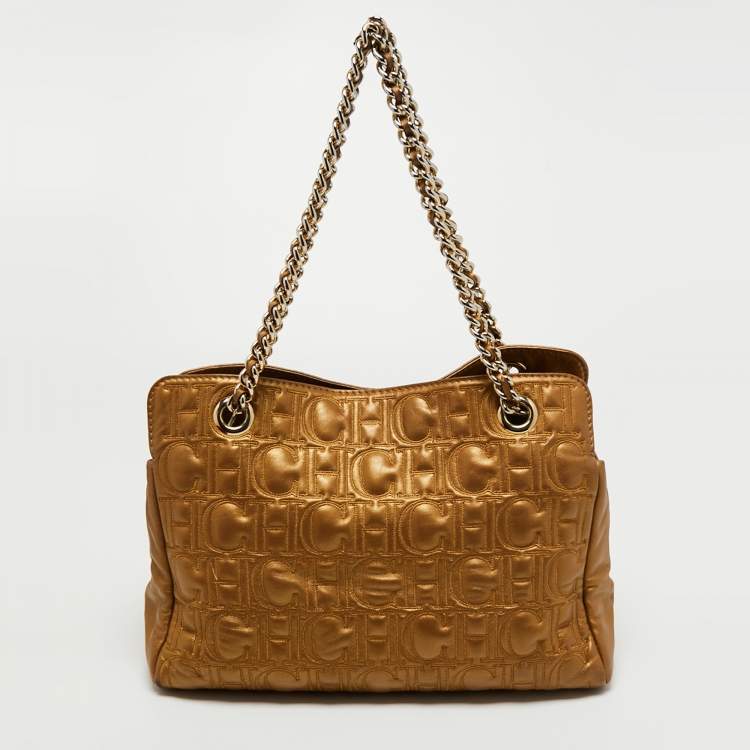 مملوكة مسبقًا CH Carolina Herrera Gold Logo Embossed Leather Top Zip Chain Tote