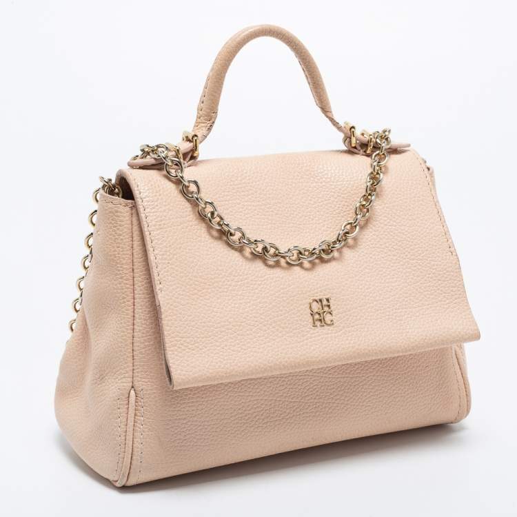 Pre Owned CH Carolina Herrera Pale Pink Leather Minuetto Top Handle Bag