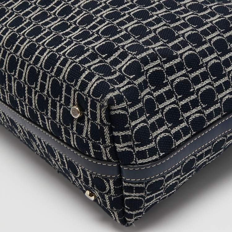 Pre Owned CH Carolina Herrera Navy Blue/White Monogram Canvas and Leather Shopper Tote
