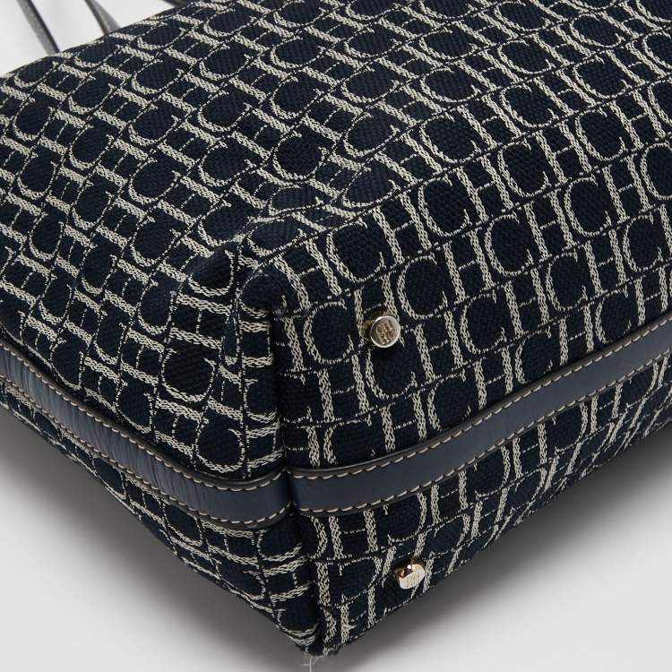 Pre Owned CH Carolina Herrera Navy Blue/White Monogram Canvas and Leather Shopper Tote