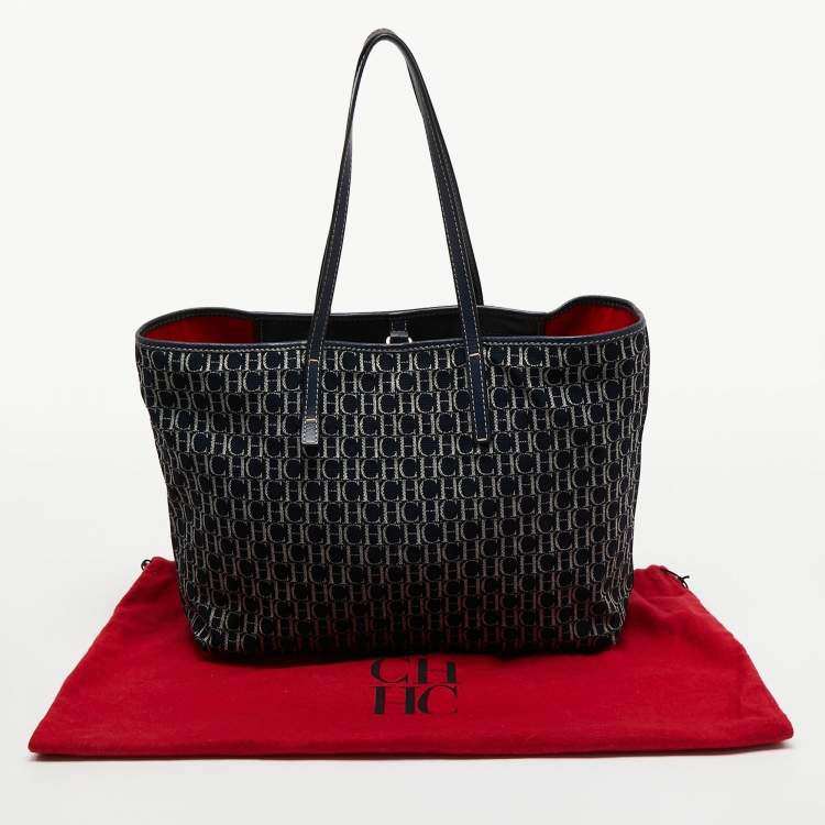 Pre Owned CH Carolina Herrera Navy Blue/White Monogram Canvas and Leather Shopper Tote