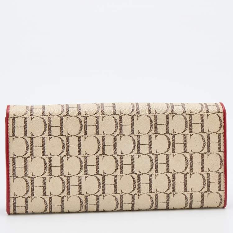 Pre Owned CH Carolina Herrera Cream/Red Monogram Coated Canvas Continental Wallet