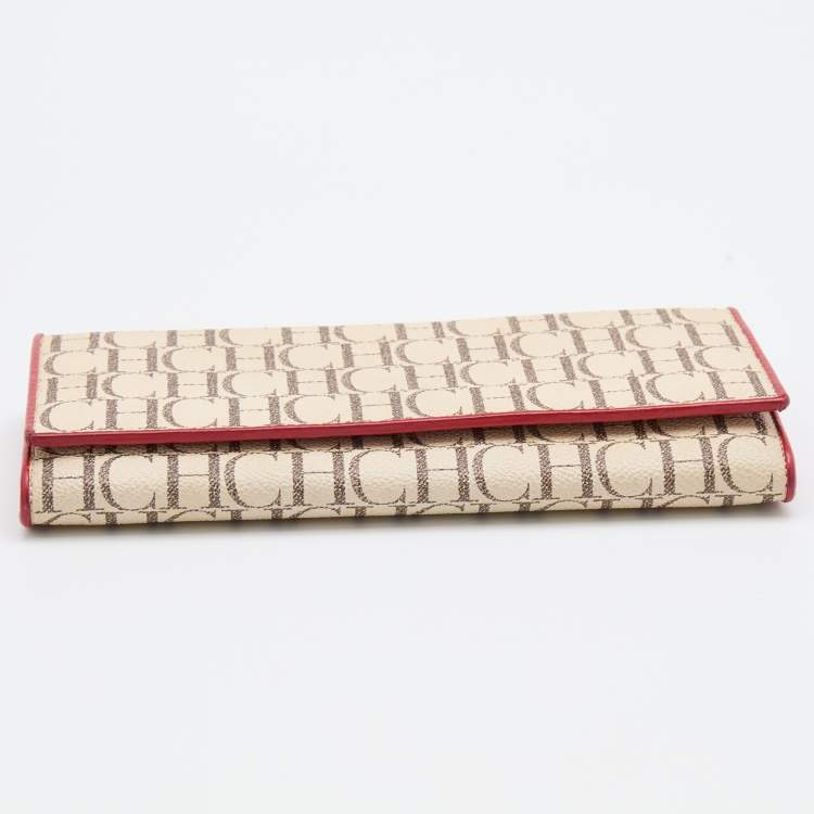 Pre Owned CH Carolina Herrera Cream/Red Monogram Coated Canvas Continental Wallet