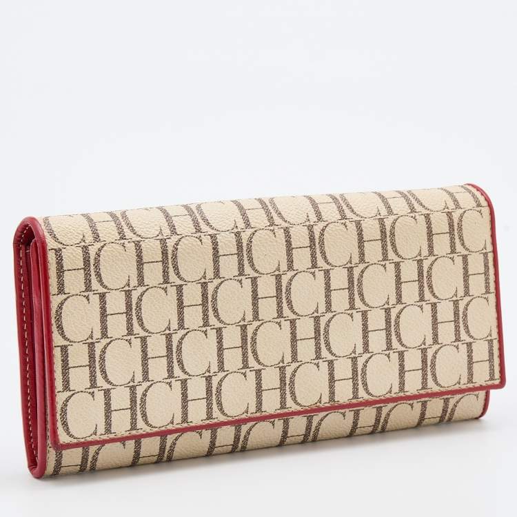 Pre Owned CH Carolina Herrera Cream/Red Monogram Coated Canvas Continental Wallet