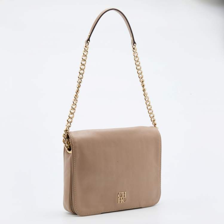 Pre Owned CH Carolina Herrera Beige Leather Chain Flap Shoulder Bag