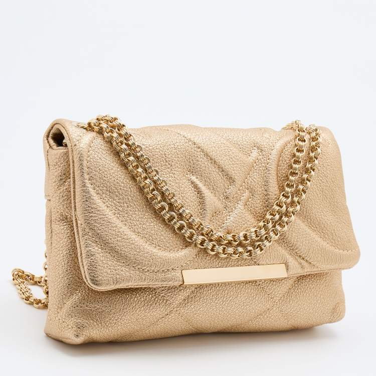 Pre Owned CH Carolina Herrera Metallic Gold Quilted Leather Flap Chain Shoulder Bag