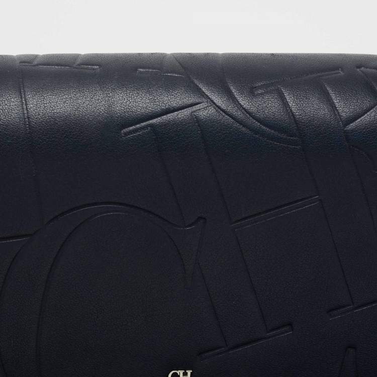 Pre Owned CH Carolina Herrera Navy Blue Logo Embossed Leather Insignia Shoulder Bag