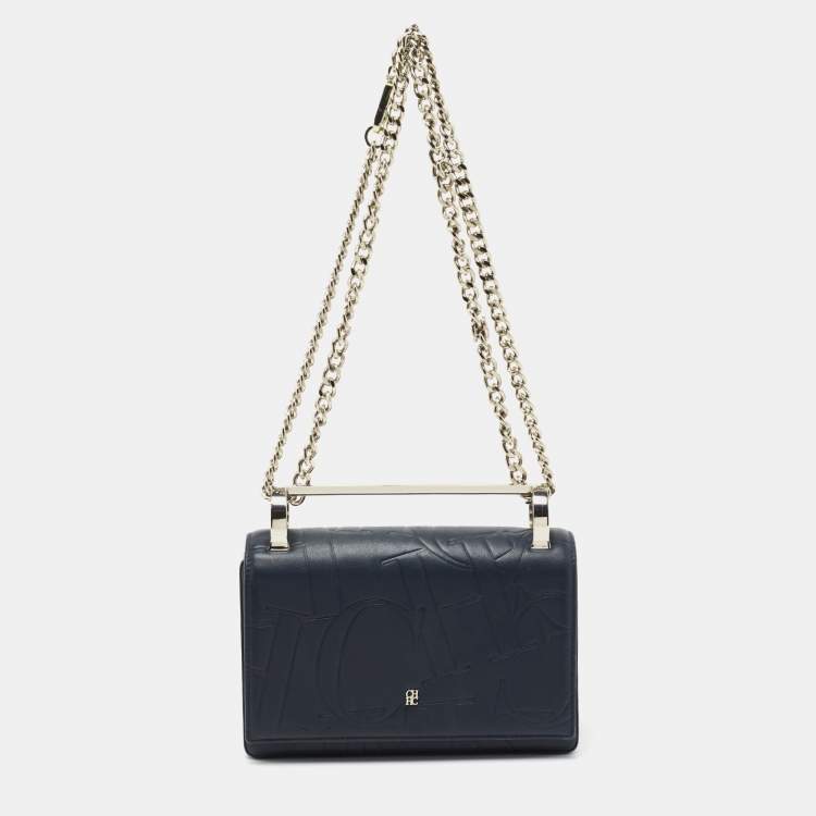 Pre Owned CH Carolina Herrera Navy Blue Logo Embossed Leather Insignia Shoulder Bag