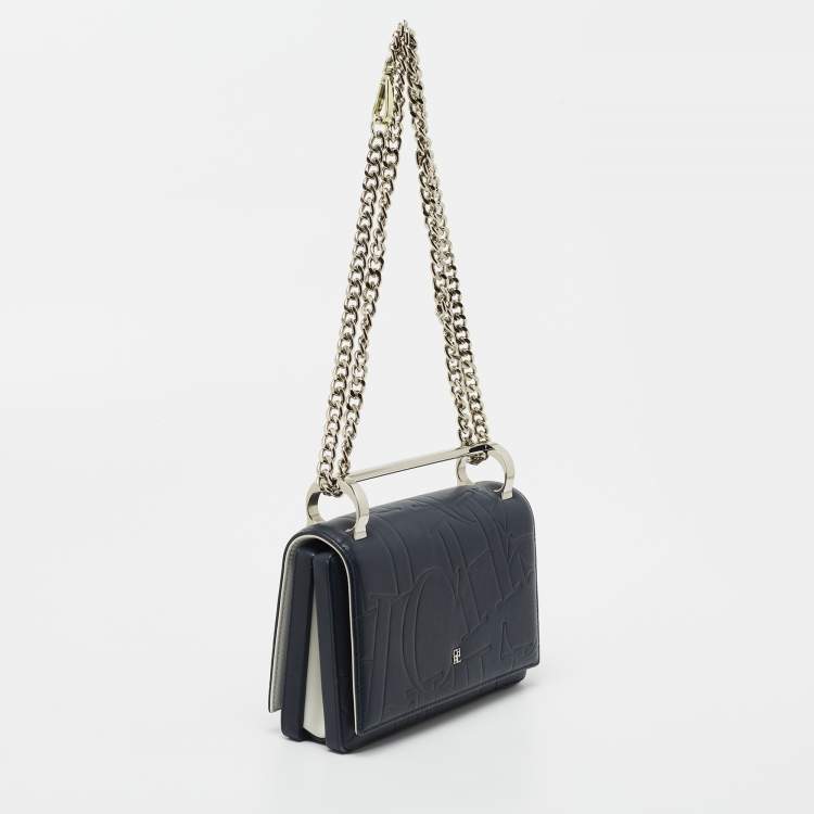 Pre Owned CH Carolina Herrera Navy Blue Logo Embossed Leather Insignia Shoulder Bag