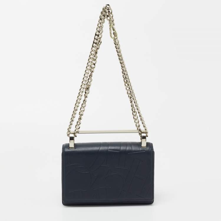Pre Owned CH Carolina Herrera Navy Blue Logo Embossed Leather Insignia Shoulder Bag