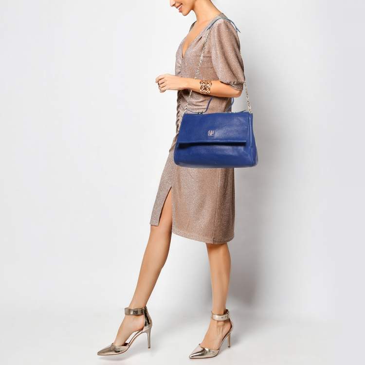 Pre Owned CH Carolina Herrera Blue Leather Minuetto Flap Top Handle Bag