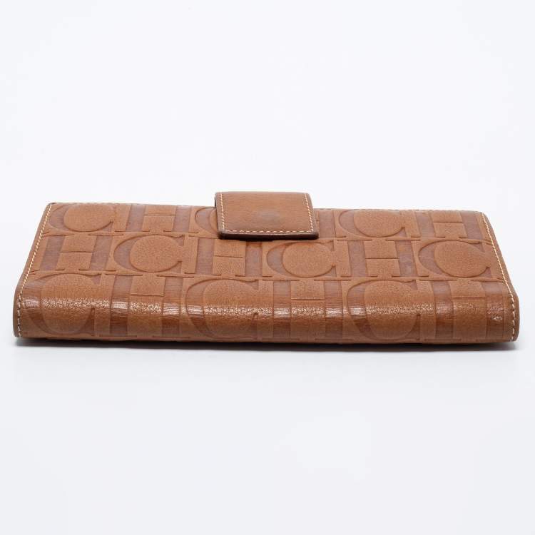 Pre Owned CH Carolina Herrera Brown Monogram Embossed Leather Flap Continental Wallet