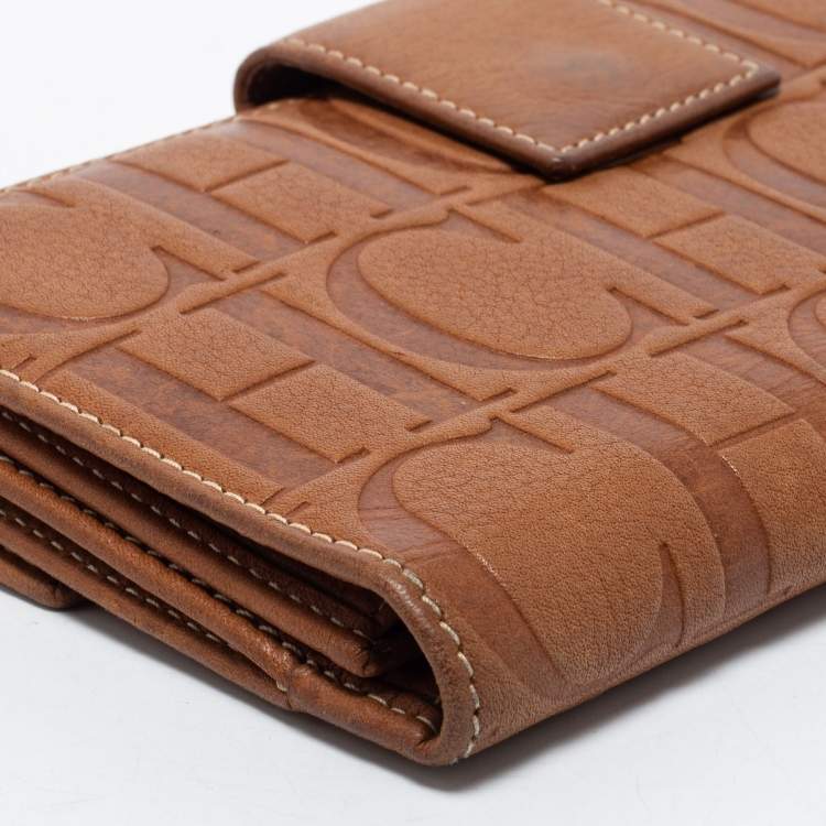 Pre Owned CH Carolina Herrera Brown Monogram Embossed Leather Flap Continental Wallet
