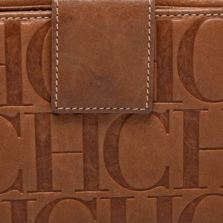 Pre Owned CH Carolina Herrera Brown Monogram Embossed Leather Flap Continental Wallet