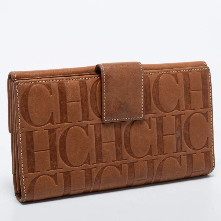 Pre Owned CH Carolina Herrera Brown Monogram Embossed Leather Flap Continental Wallet