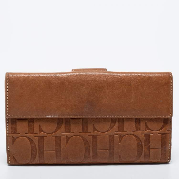 Pre Owned CH Carolina Herrera Brown Monogram Embossed Leather Flap Continental Wallet