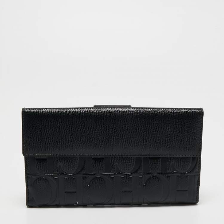 Pre Owned CH Carolina Herrera Black Monogram Leather Bifold Flap Wallet