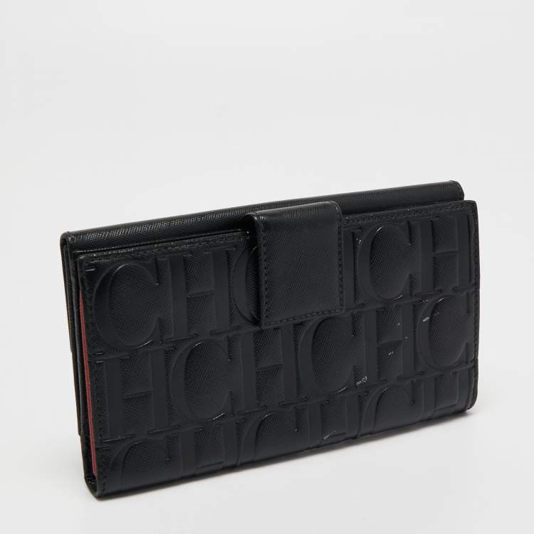 Pre Owned CH Carolina Herrera Black Monogram Leather Bifold Flap Wallet