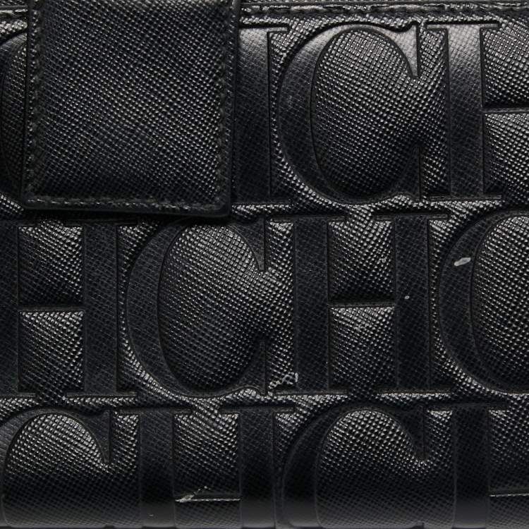 Pre Owned CH Carolina Herrera Black Monogram Leather Bifold Flap Wallet