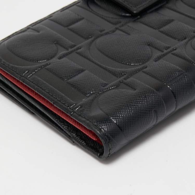Pre Owned CH Carolina Herrera Black Monogram Leather Bifold Flap Wallet