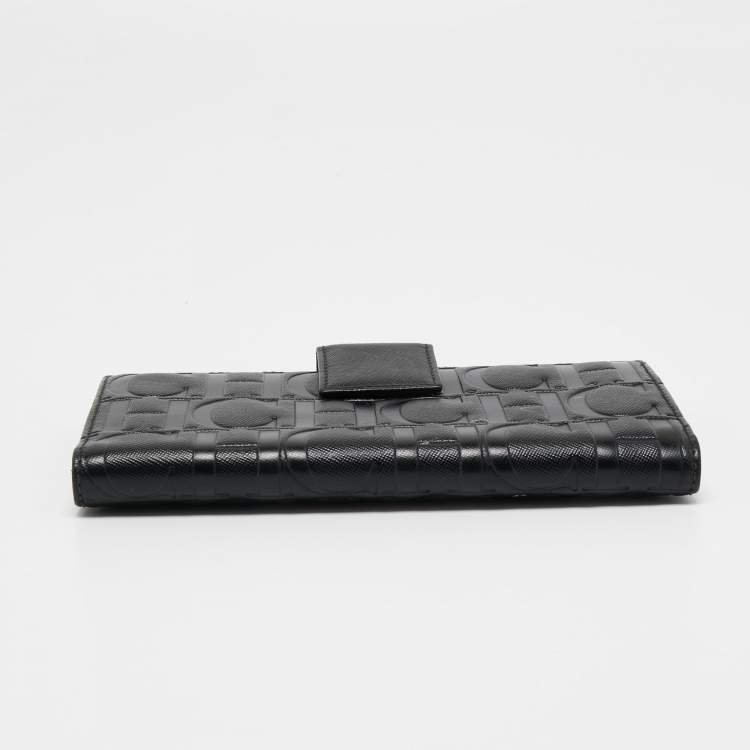 Pre Owned CH Carolina Herrera Black Monogram Leather Bifold Flap Wallet