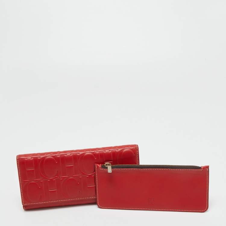 Pre Owned Carolina Herrera Red Monogram Embossed Leather Flap Continental Wallet