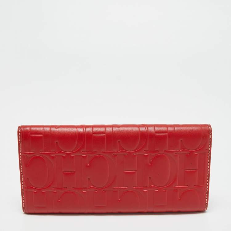 Pre Owned Carolina Herrera Red Monogram Embossed Leather Flap Continental Wallet