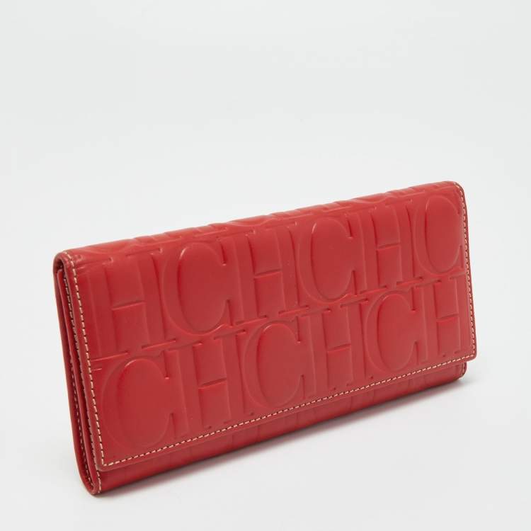 Pre Owned Carolina Herrera Red Monogram Embossed Leather Flap Continental Wallet