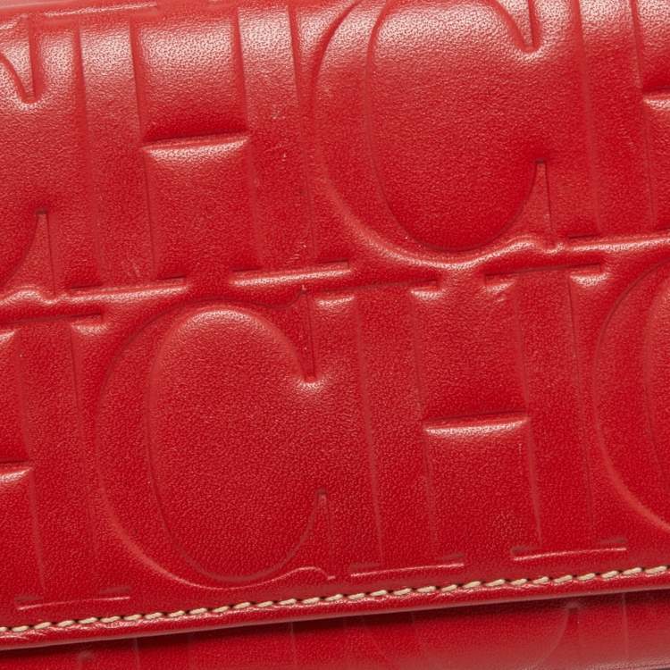 Pre Owned Carolina Herrera Red Monogram Embossed Leather Flap Continental Wallet