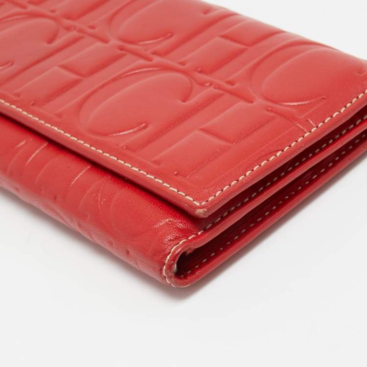Pre Owned Carolina Herrera Red Monogram Embossed Leather Flap Continental Wallet