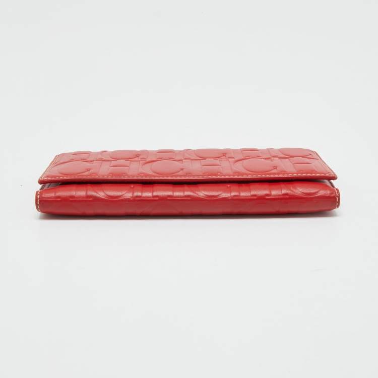 Pre Owned Carolina Herrera Red Monogram Embossed Leather Flap Continental Wallet