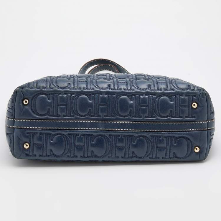 Pre Owned CH Carolina Herrera Navy Blue Monogram Quilted Leather Shopper Tote