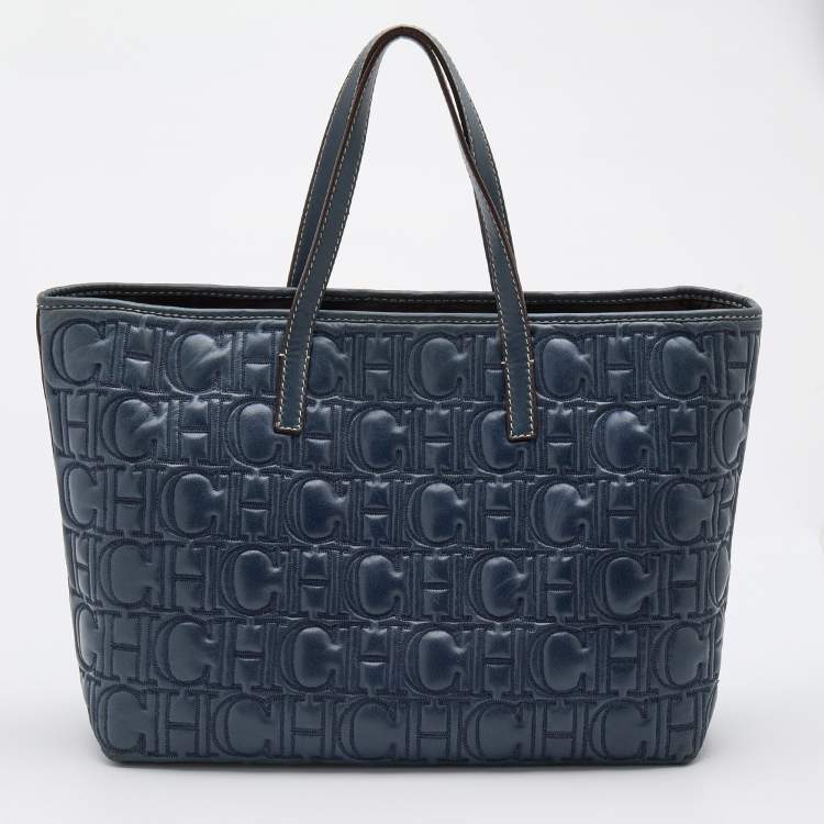 Pre Owned CH Carolina Herrera Navy Blue Monogram Quilted Leather Shopper Tote