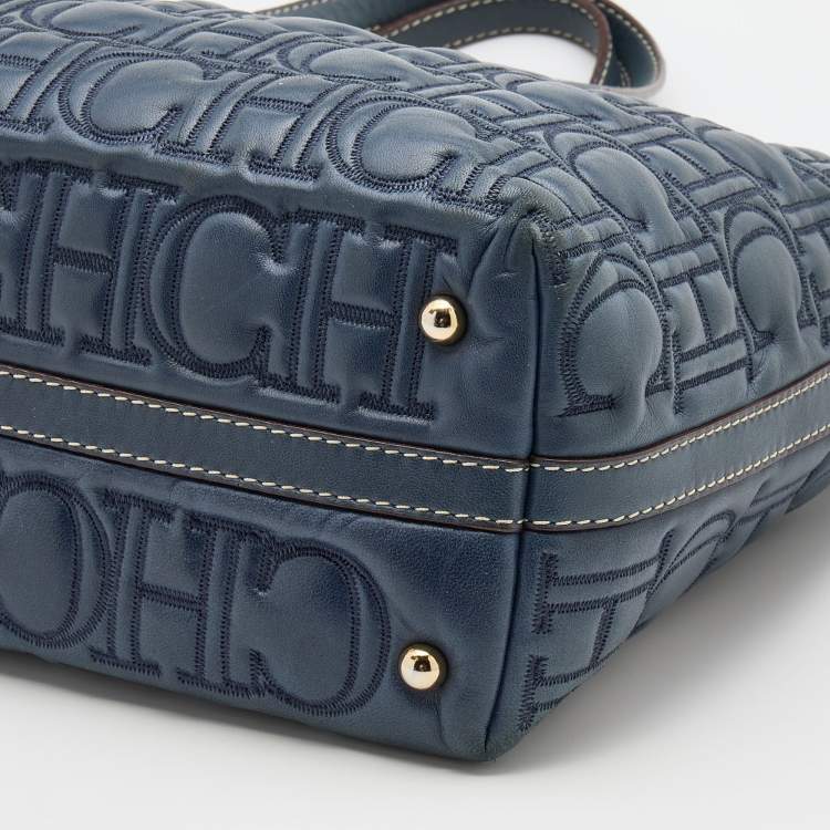 Pre Owned CH Carolina Herrera Navy Blue Monogram Quilted Leather Shopper Tote