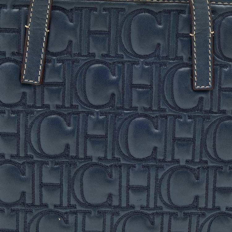 Pre Owned CH Carolina Herrera Navy Blue Monogram Quilted Leather Shopper Tote