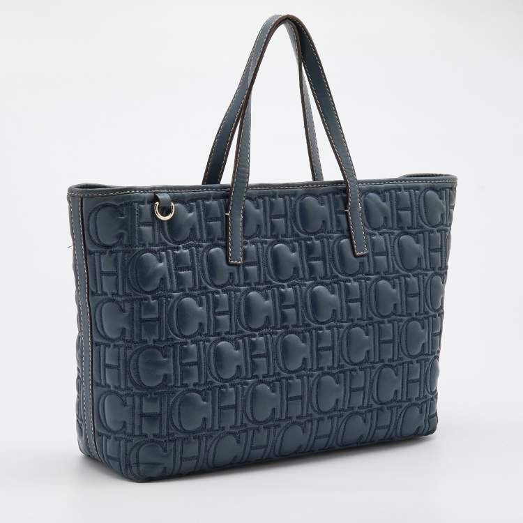 Pre Owned CH Carolina Herrera Navy Blue Monogram Quilted Leather Shopper Tote