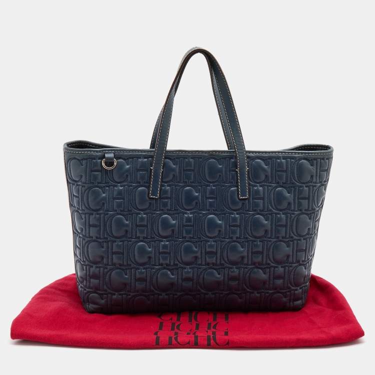 Pre Owned CH Carolina Herrera Navy Blue Monogram Quilted Leather Shopper Tote